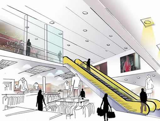 Architectural drawing of escalators sinside Marks and Spencers in Colliers Wood, south London
