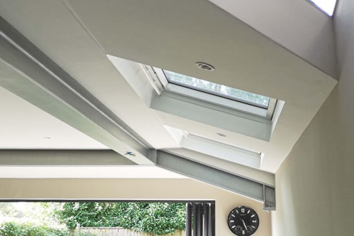 Detail of ceiling structure, steel work and skylights within the kitchen